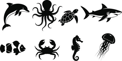 Sea animals vector silhouettes collection of marine wildlife ocean creatures art