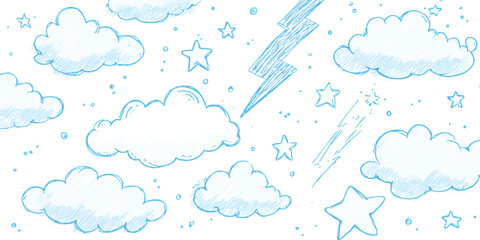 Whimsical Sky with Clouds Stars and Lightning Bolts in Blue Sketch Style Illustration