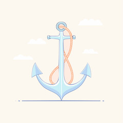 Naklejka premium Stylized light blue nautical anchor with a twisted orange rope wrapped around its shank in a clean minimalist line art style.