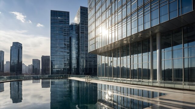 Edificios de oficinas modernos con fachadas acristaladas y reflejos sobre el agua