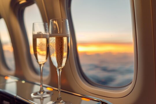 Two champagne flutes sit on a small airplane table at sunset, offering a luxurious and relaxing travel experience - Powered by Adobe
