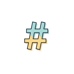 Obraz premium Hand-drawn hashtag symbol in doodle style with blue and yellow fill, isolated on white. Digital communication and social media icon.