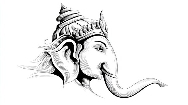 Ganesha deity head profile line art