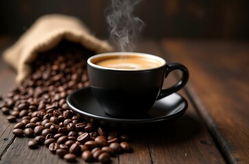 Morning Espresso Drink Roasted Beans Detail on Wooden Table ai generated