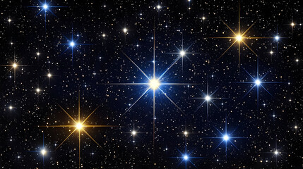 Fototapeta premium Starry expanse of space, with various bright stars of varying color, against a deep black background. Many small stars