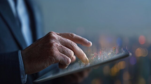 Business Professional Using Touchscreen Tablet with Cityscape Background