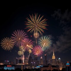 Naklejka premium Bunte Feuerwerksraketen am Nachthimmel über einer Stadt