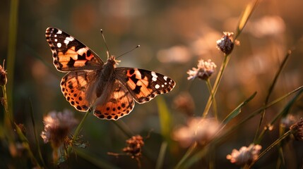 Obraz premium Orange and black butterfly on wildflowers at sunset with soft bokeh