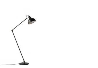 Modern black floor lamp with adjustable arm and head isolated on transparent background