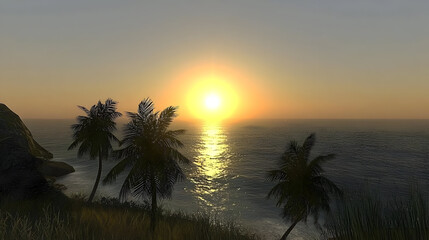 Golden sunset over tropical ocean with palm trees.  Silhouette of palm trees against vibrant sunset.  Ocean water reflects warm light.  Coastal scene