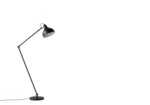 Modern black floor lamp with adjustable arm and head isolated on transparent background