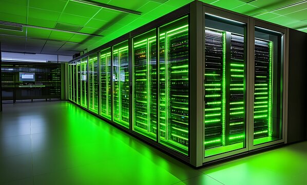 Modern server room with glowing green lights illuminating rows of high tech computer racks and data storage equipment