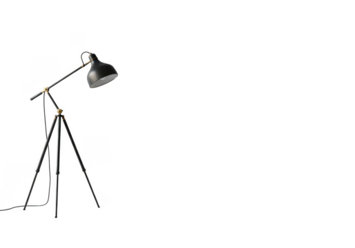 Modern black floor lamp with tripod base, adjustable arm, and cone shade isolated on transparent background