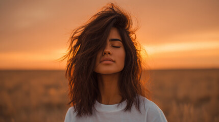 Fototapeta premium Peaceful young woman enjoying golden sunlight in serene nature setting with eyes closed, radiating calm and mindfulness during sunset or sunrise outdoors.