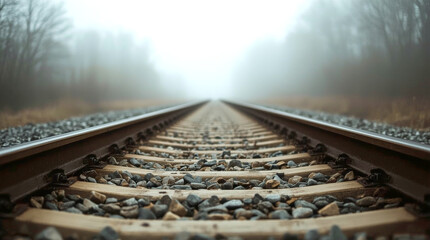 Single-track railway line in the morning mist. single set of railway tracks curving gently into the distance. The foreground is in sharp focus, showing the detailed ballast stones and steel rails