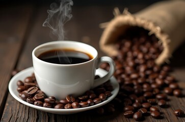 Hot Strong Coffee Closeup with Dark Brown Beans in Burlap Sack ai generated