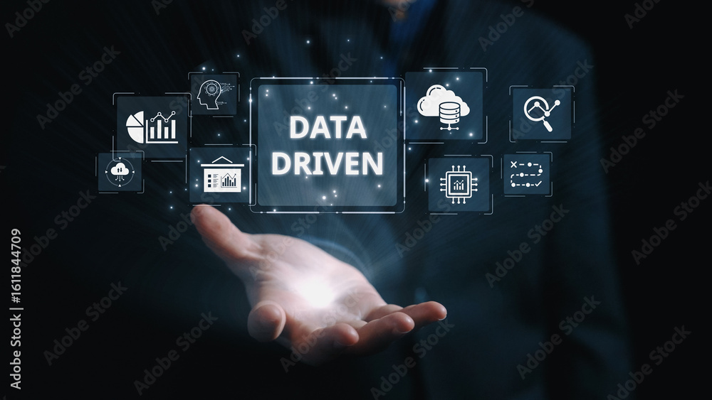 Poster data-driven decision-making empowers business through analytics, datum collection, and ai systems. d