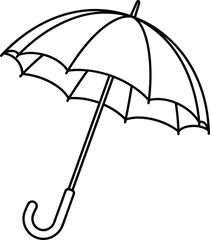 Classic umbrella technical sketch, open umbrella side view, CAD line drawing, rain gear outline, vector illustration for product design
