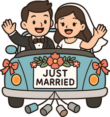 Cute cartoon newlywed couple in a vintage convertible car with flowers and ribbons, Just Married sign