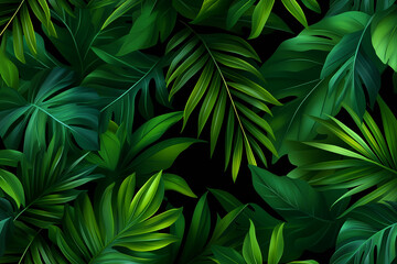 A dense, lush background of various vibrant green tropical leaves and foliage, perfect for creating a natural, jungle inspired texture or backdrop