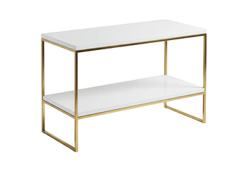 Modern two tier console table with gold frame and white shelves isolated on transparent background