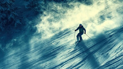 Adventurous skier gliding downhill on snowy mountain slope under cloudy sky du daytime