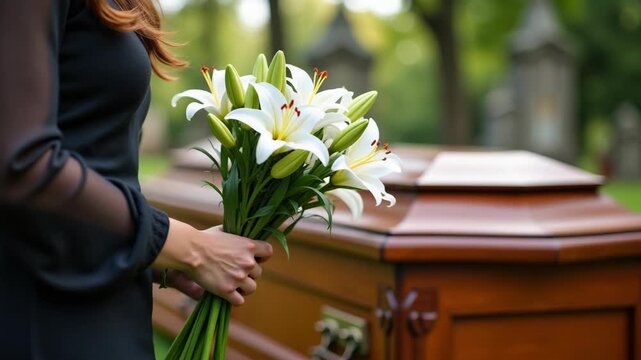 Mourning flowers, held by a woman, near wooden coffin in solemn setting. Mourning flowers, representing love and remembrance, are arranged delicately.