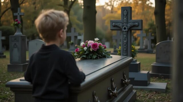 Grieving child at funeral, looking at coffin in cemetery on somber day. Grieving child in memory of loved one, flowers on coffin, trees in background. Grieving child, symbol of loss and mourning.