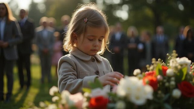 Sad girl at a funeral service attending memorial. Funeral service shows solemn grief, and family bereavement over loss. Sad girl at a funeral is a touching symbol of sadness, loss,