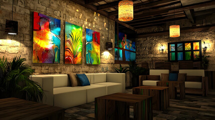 Rustic, colorful lounge area with abstract art.  Cozy interior with wooden accents, comfortable seating, and warm lighting
