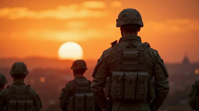 Soldiers looking at horizon during sunset, army personnel in formation, observing cityscape from elevated position. Soldiers maintain vigilance during tranquil sunset. Soldiers symbolize dedication,