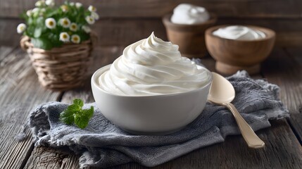 Delicate Still Life Yogurt Delight Creamy Texture Mint Sprig and Rustic Wood Backdrop Evoking Freshness and Simple Pleasures