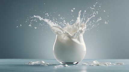 Dramatic Milk Splash in Glass on Serene Blue Surface A Captivating Still Life Composition Showcasing Fluid Dynamics