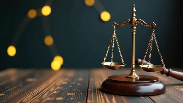 Scales of justice on wooden table. Golden scales of justice with gavel symbolize legal balance, fairness, and impartiality in law. Promote legal balance, scales of justice offers impartiality,