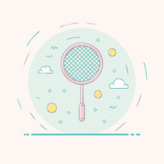 Minimalist line art of a pink badminton racket with a turquoise net Flat design illustration with pastel colors.