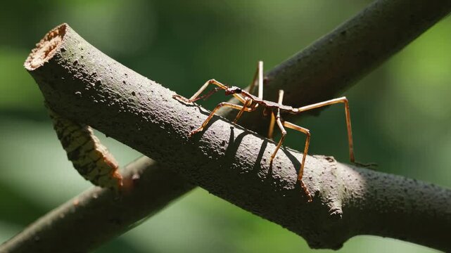 Close-up video of a stick insect on a branch, captured from a low angle. The natural light highlights its camouflage against the lush green background.