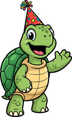 Obraz premium Cute Cartoon Turtle with Party Hat – Happy Birthday Animal Illustration