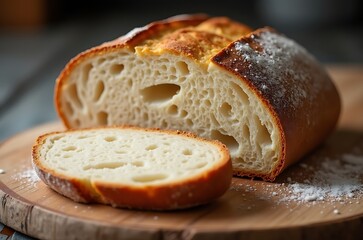Homemade Organic Wheat Loaf Bread Sliced Portion on Wooden Board ai generated
