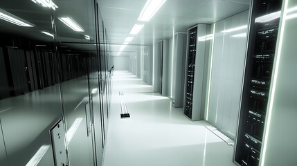 Modern clean server room aisle with rows of illuminated computer racks and bright overhead lighting creating a futuristic technology environment