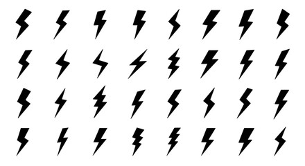 Set of sixteen different lightning bolt icons in black and white vector