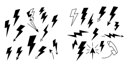 Collection of Black and White Lightning Bolt Illustrations on a White Background