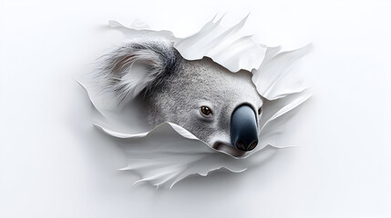 Koala head bursts through white paper