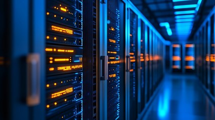 Rows of illuminated server racks with glowing orange lights in a dark data center hallway with blue ambient lighting