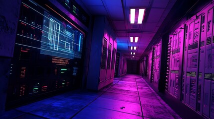 Futuristic neon lit server room corridor with glowing blue and pink lights and illuminated data screens creating a cyberpunk atmosphere