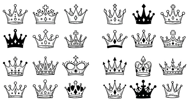 Collection of Hand Drawn Crowns in Black and White Doodle Style