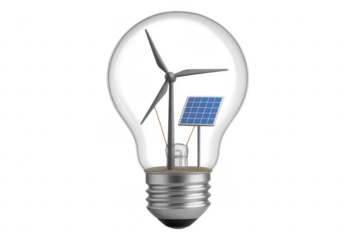 Light bulb containing wind turbine and solar panel on transparent background