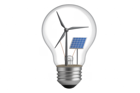 Light bulb containing wind turbine and solar panel on transparent background