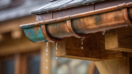 Obraz premium Rainwater collection copper gutter system with copper patina finish on eco roof