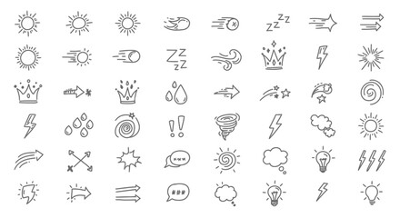 Hand Drawn Doodle Icon Set with Weather Speech Bubbles and Miscellaneous Objects