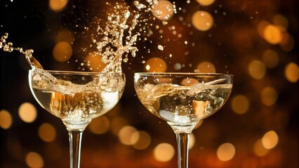 Champagne Celebration Toast with Splashes and Golden Bokeh Lights